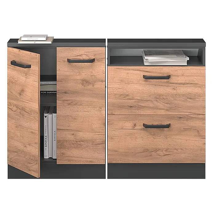 Vicco Schrankküche R-Line Goldkraft Eiche 2er Set - Goldkraft Eiche, Dachschrägenzeile 120cm - Holzfarbener Schrank mit dunkelgrauen Akzenten, offener Tür mit Regalen, einer geschlossenen Tür, einem offenen Fach und zwei Schubladen.