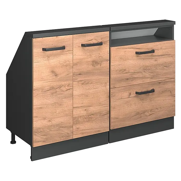 Vicco Schrankküche R-Line Goldkraft Eiche 2er Set - Goldkraft Eiche, Dachschrägenzeile 120cm - Zweiteiliges Sideboard mit dunkelgrauem Rahmen, holzfarbenen Türen/Schubladen und offenem Fach.