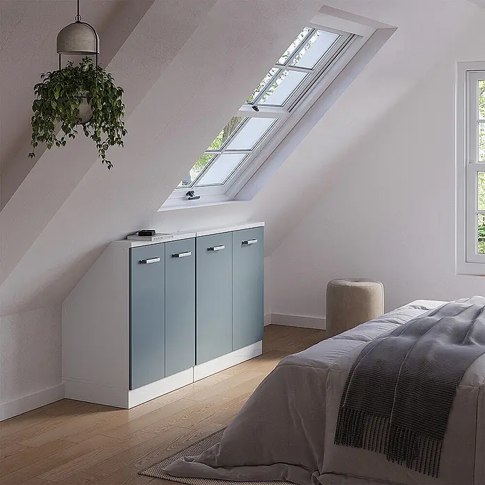Vicco Küchenleerblock R-Line Blau-Grau 2er Set - Breite: 140 cm, Blau-Grau - Maßgefertigter Dachschrägenschrank mit weißem Rahmen und hellblau-grauen Türen für Dachbodenräume.