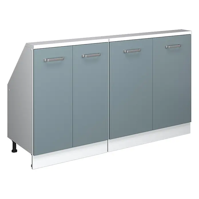 Vicco Küchenleerblock R-Line Blau-Grau 2er Set - Breite: 140 cm, Blau-Grau - Modularer Schrank mit hellblau-grauen Türen, silbernen Griffen, weißer Platte und Sockel. Die linke Einheit hat eine abgeschrägte Seitenwand.