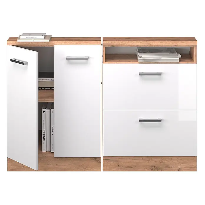 Vicco Schrankküche R-Line Weiß Hochglanz 2er Set - Weiß Hochglanz, Dachschrägenzeile 120cm - Modernes weißglänzendes Sideboard mit Holzoptik-Oberfläche und -Sockel, zwei Türen, offenem Fach und zwei Schubladen mit silbernen Griffen.