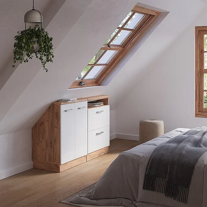 Vicco Schrankküche R-Line Weiß Hochglanz 2er Set - Weiß Hochglanz, Dachschrägenzeile 120cm - Weiß-holzfarbener Schrank mit Schubladen und Türen, passgenau unter einer Dachschräge.
