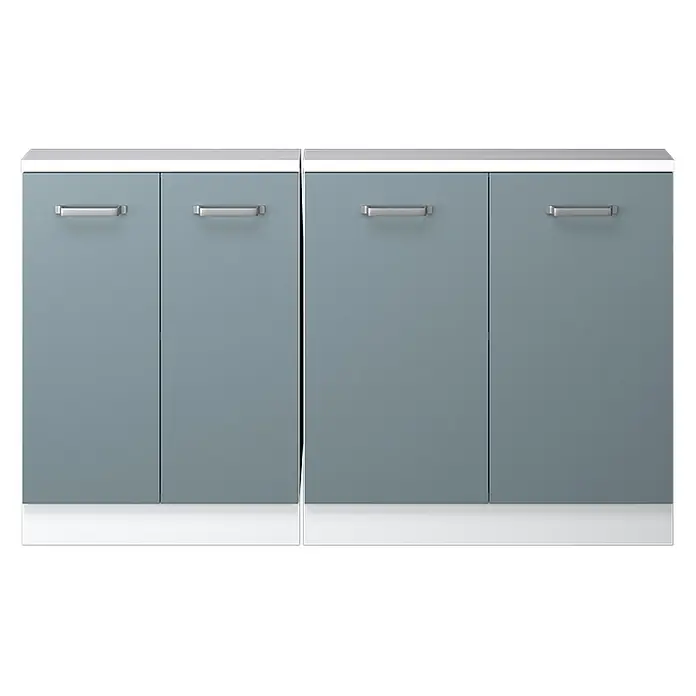 Vicco Küchenleerblock R-Line Blau-Grau 2er Set - Breite: 140 cm, Blau-Grau - Zwei blau-graue Schränke, jeweils mit zwei Türen und silbernen Griffen, mit weißen Ober- und Unterseiten.