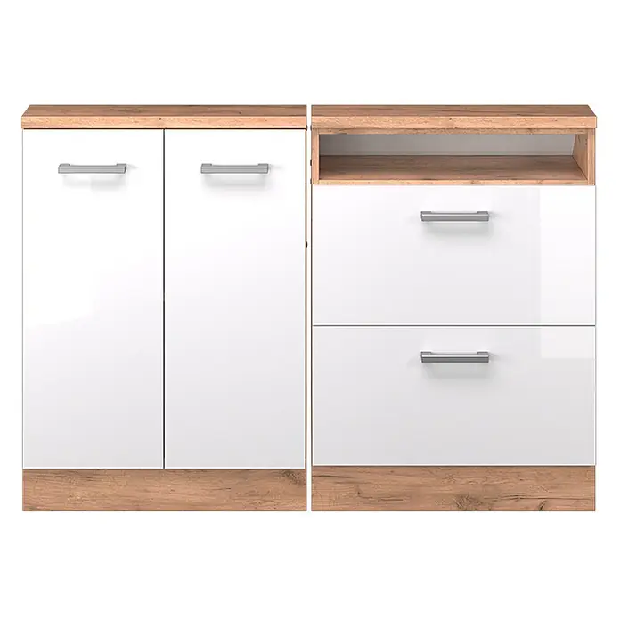 Vicco Schrankküche R-Line Weiß Hochglanz 2er Set - Weiß Hochglanz, Dachschrägenzeile 120cm - Weißer Hochglanzschrank und Kommode mit Holzdekor-Akzenten und silbernen Griffen.