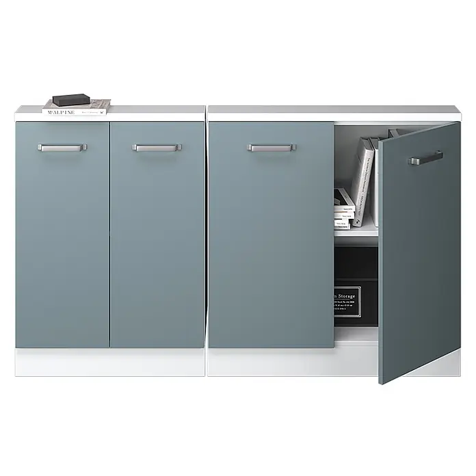 Vicco Küchenleerblock R-Line Blau-Grau 2er Set - Breite: 140 cm, Blau-Grau - Blaugrauer Aufbewahrungsschrank mit weißen Elementen und silbernen Griffen. Eine Tür offen, zeigt Innenablage.