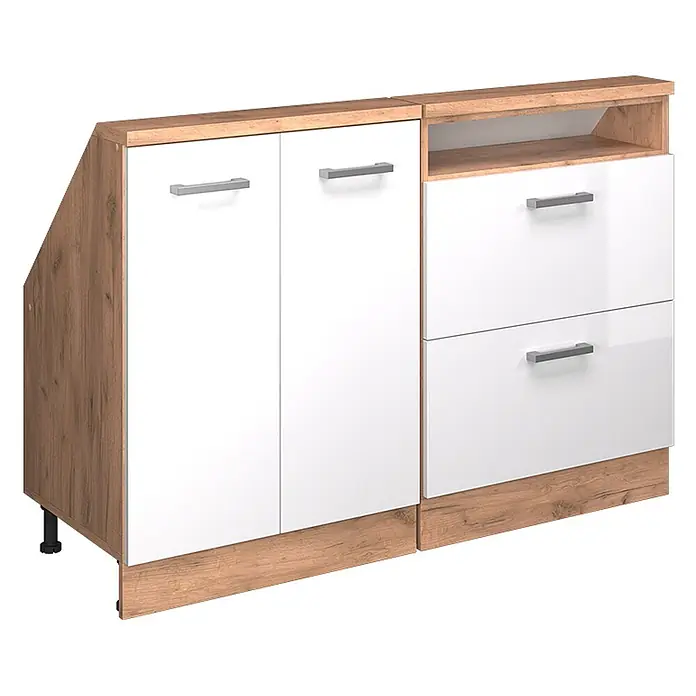 Vicco Schrankküche R-Line Weiß Hochglanz 2er Set - Weiß Hochglanz, Dachschrägenzeile 120cm - Weiß-Holz-Modulschrank mit zwei Türen, zwei Schubladen und einem offenen Fach, links abgeschrägt.
