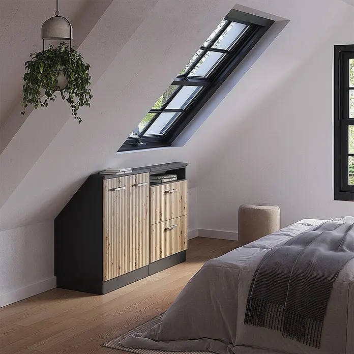 Vicco Schrankküche R-Line Artisan-Eiche 2er Set - Artisan-Eiche, Dachschrägenzeile 120cm - Dunkelgrauer und naturholzlamellierter Schrank, maßgefertigt unter Dachschräge im Schlafzimmer.
