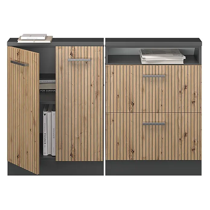 Vicco Schrankküche R-Line Artisan-Eiche 2er Set - Artisan-Eiche, Dachschrägenzeile 120cm - Moderne Stauraum-Einheit mit gerippten Echtholztüren und Schubladen, dunkelgrauer Platte und Sockel, bietet offenen und geschlossenen Stauraum.