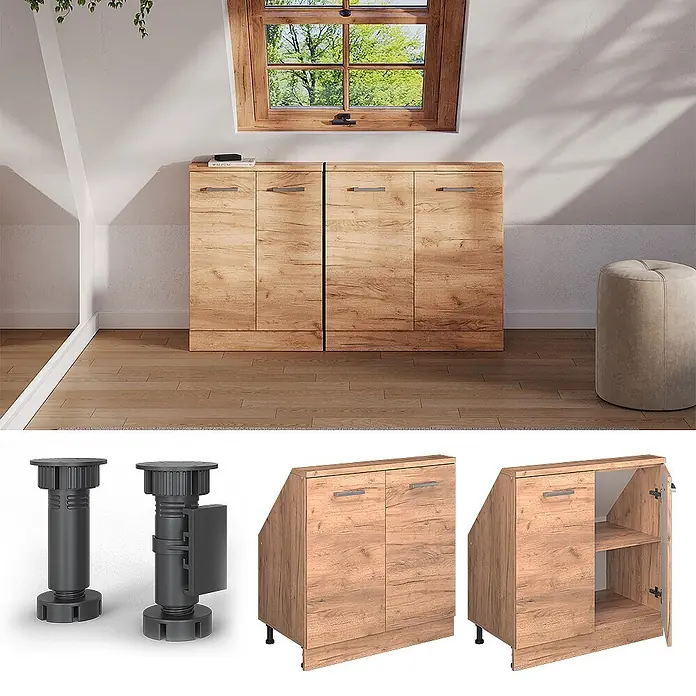 Vicco Schrankküche R-Line Goldkraft Eiche mit 2 Türen - Goldkraft Eiche, Dachschrägenschrank 80cm - Zwei hellbraune Dachschrägenschränke mit silbernen Griffen in einem Dachzimmer. Mit verstellbaren Füßen und Innenregalen.