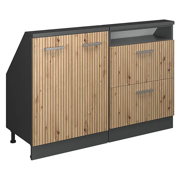 Vicco Schrankküche R-Line Artisan-Eiche 2er Set - Artisan-Eiche, Dachschrägenzeile 120cm - Modulschrank mit geriffelten Holzfronten in Naturholzoptik und dunkelgrauem Rahmen. Mit Türen, offenem Fach und zwei Schubladen.