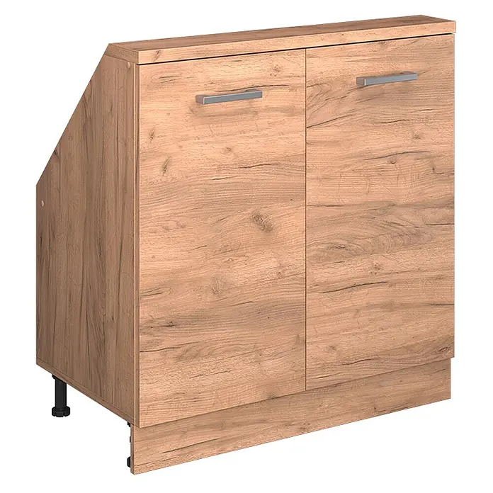 Vicco Schrankküche R-Line Goldkraft Eiche mit 2 Türen - Goldkraft Eiche, Dachschrägenschrank 80cm - Hellbrauner Unterschrank in Holzoptik mit zwei Türen und silbernen Griffen, mit schräger linker Seite für Installationen oder Eckpassung.