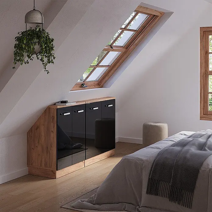 Vicco Küchenschrank für Dachschrägen R-Line, Schwarz Hochglanz, 140 cm -  - Holzfarbener und schwarz glänzender Schrank, perfekt passend unter eine Dachschräge.