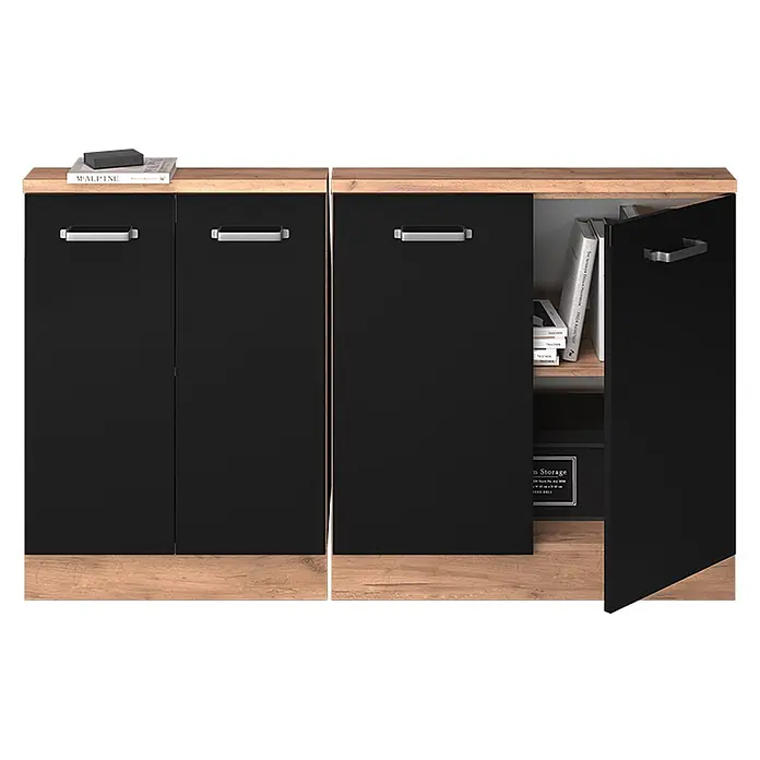 Vicco Küchenschrank für Dachschrägen R-Line, Schwarz Hochglanz, 140 cm -  - Schwarzer Schrank mit Holzoptik-Oberfläche und -Sockel. Eine offene Tür zeigt Innenregale und Bücher.