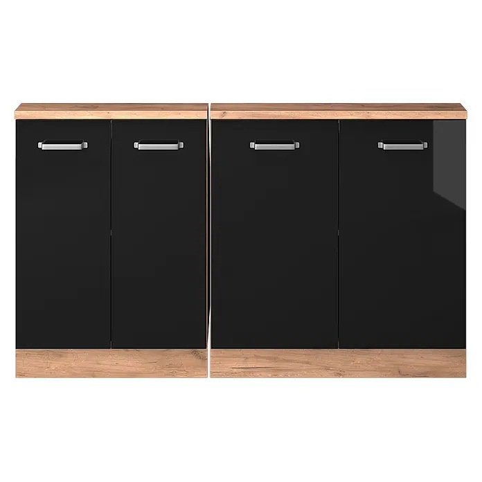 Vicco Küchenschrank für Dachschrägen R-Line, Schwarz Hochglanz, 140 cm -  - Zwei schwarze Hochglanz-Sideboards mit hellen Holz-Ober- und Unterseiten, jeweils mit zwei Türen und silbernen Griffen.