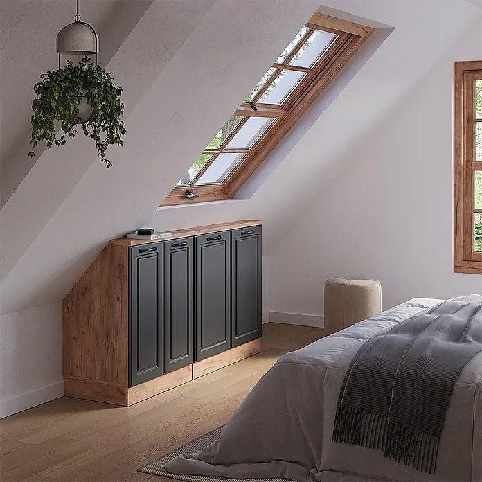 Vicco Küchenschrank für Dachschrägen R-Line, Anthrazit Landhaus, 140 cm -  - Maßgeschneiderter Schrank in Anthrazit und Holz unter einer Dachschräge im Schlafzimmer.
