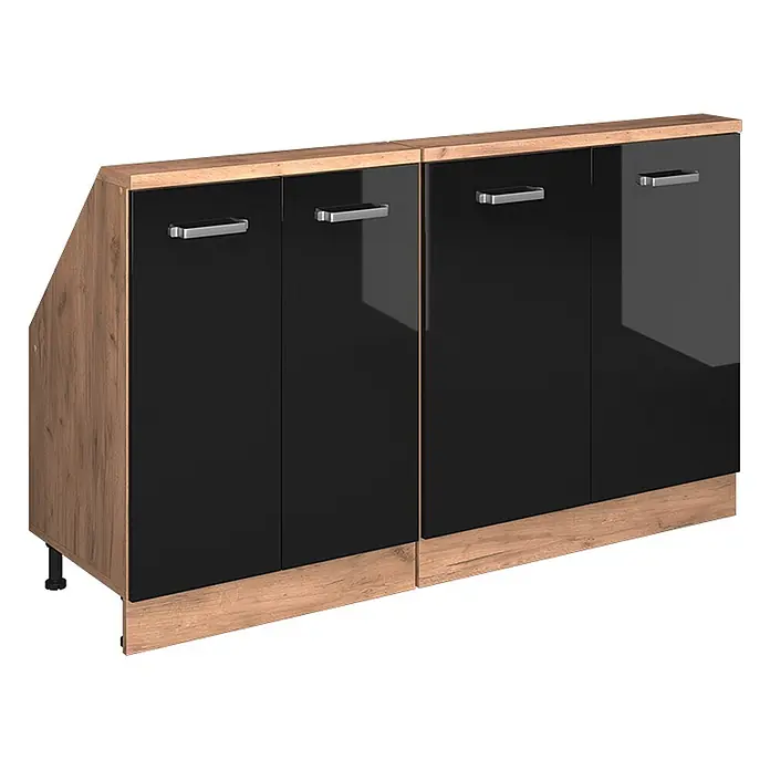 Vicco Küchenschrank für Dachschrägen R-Line, Schwarz Hochglanz, 140 cm -  - Zweiteiliger Schrank mit schwarzen Hochglanztüren und hellem Holzdekor, linker Teil abgeschrägt.