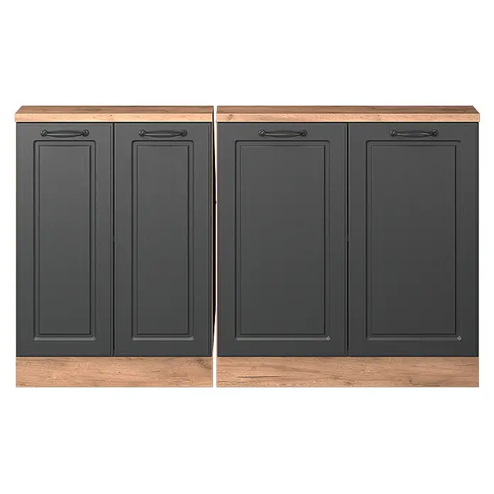 Vicco Küchenschrank für Dachschrägen R-Line, Anthrazit Landhaus, 140 cm -  - Zwei dunkelgraue Unterschränke mit Holzoptik-Arbeitsplatten und Sockel. Jeder hat zwei Flügeltüren mit Griffen.