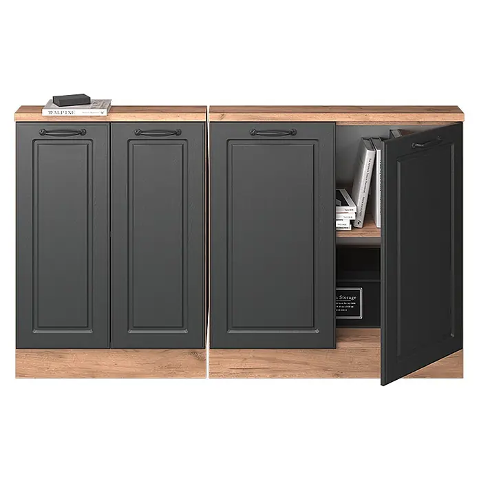Vicco Küchenschrank für Dachschrägen R-Line, Anthrazit Landhaus, 140 cm -  - Dunkelgrauer Schrank mit Holzplatte und -sockel, eine Seite mit geschlossenen Türen, die andere mit geöffneter Tür, die Stauraum zeigt.