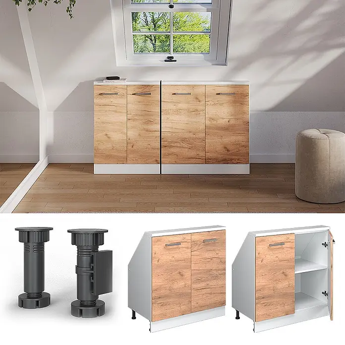 Vicco Schrankküche R-Line Goldkraft Eiche mit 2 Türen - Goldkraft Eiche, Dachschrägenschrank 80cm - Zwei Holzoptik-Schränke mit weißem Rahmen, für Dachschrägen konzipiert, in einem Dachzimmer dargestellt.