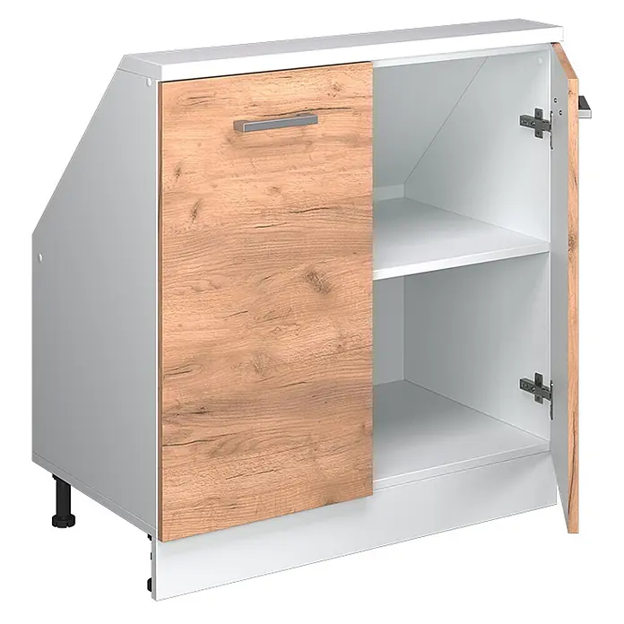 Vicco Schrankküche R-Line Goldkraft Eiche mit 2 Türen - Goldkraft Eiche, Dachschrägenschrank 80cm - Abgeschrägter weißer Unterschrank mit Holzoptiktür, mit offenem Regal und geschlossenem Fach.