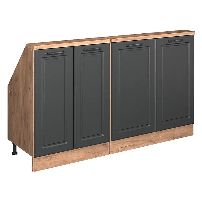 Vicco Küchenschrank für Dachschrägen R-Line, Anthrazit Landhaus, 140 cm -  - Zwei Unterschränke mit dunkelgrauen Kassettentüren, hellen Holzoptik-Arbeitsplatten und Sockelblenden. Der linke Schrank hat eine abgeschrägte Seite.