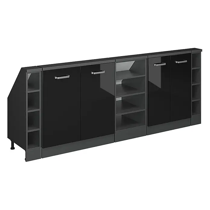 Vicco Küchenleerblock R-Line Schwarz Hochglanz 5er Set - Breite: 210 cm, Schwarz Hochglanz - Modulares, dunkelgraues Aufbewahrungsmöbel mit glänzend schwarzen Schranktüren, offenen Regalen und schrägen Endfächern.