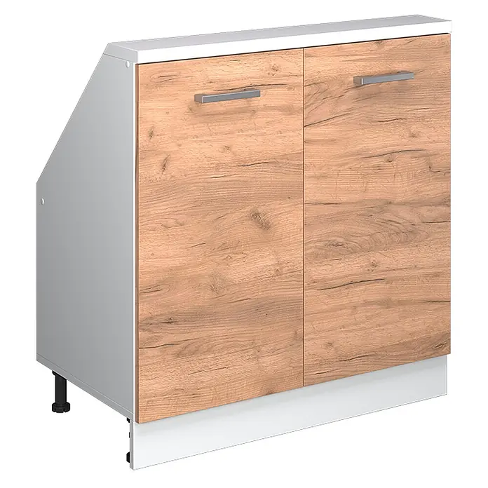 Vicco Schrankküche R-Line Goldkraft Eiche mit 2 Türen - Goldkraft Eiche, Dachschrägenschrank 80cm - Weißer Küchenunterschrank mit abgeschrägter Seite, zwei hellen Holzoptik-Türen und silbernen Griffen, auf weißem Sockel.