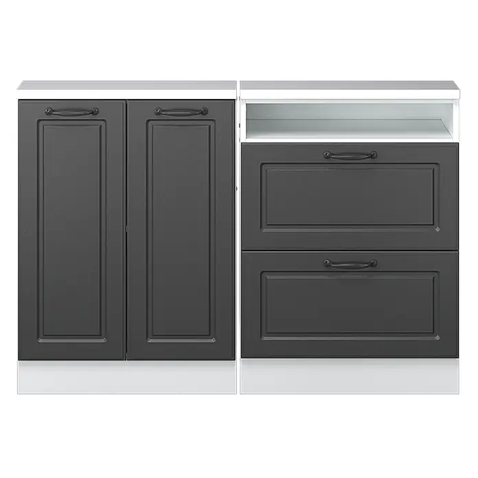 Vicco Küchenschrank für Dachschrägen R-Line, Anthrazit Landhaus, 120 cm -  - Dunkelgraue Unterschrankkombination mit zwei Türen, einem offenen Fach und zwei Schubladen, alle mit schwarzen Griffen.