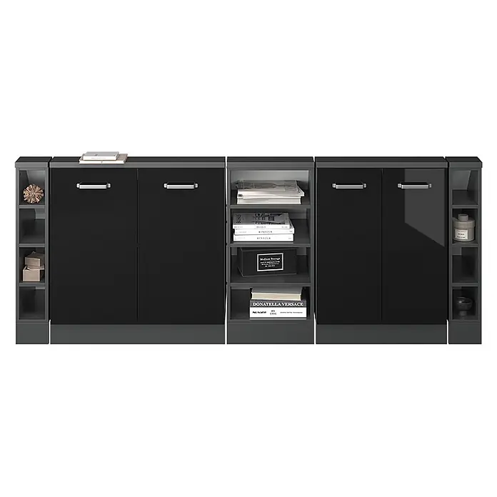 Vicco Küchenleerblock R-Line Schwarz Hochglanz 5er Set - Breite: 210 cm, Schwarz Hochglanz - Modulare dunkelgraue und schwarze Aufbewahrungseinheit mit geschlossenen Schränken und offenen Regalen für Bücher und Dekoration.