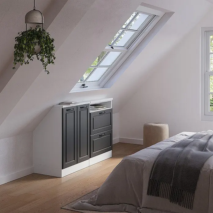 Vicco Küchenschrank für Dachschrägen R-Line, Anthrazit Landhaus, 120 cm -  - Dunkelgraue und weiße Dachschrägen-Schränke bieten Stauraum im Dachgeschoss-Schlafzimmer.