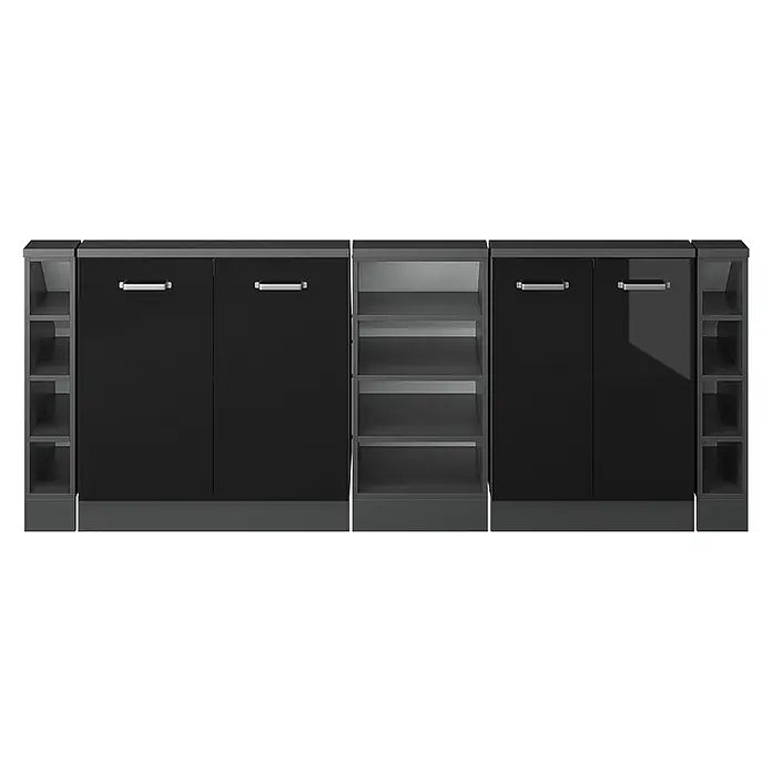 Vicco Küchenleerblock R-Line Schwarz Hochglanz 5er Set - Breite: 210 cm, Schwarz Hochglanz - Dunkelgraues/schwarzes modulares Aufbewahrungsmöbel mit glänzenden Türen, silbernen Griffen und offenen Regalen.