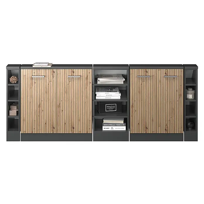 Vicco Schrankküche R-Line Artisan-Eiche 5er Set - Artisan-Eiche, Dachschrägenzeile 210cm - Modulares dunkelgraues Aufbewahrungssystem mit hellen Holzlamellenfronten und integrierten offenen Regalen.