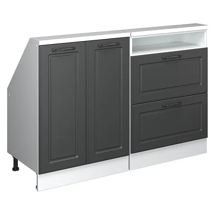 Vicco Küchenschrank für Dachschrägen R-Line, Anthrazit Landhaus, 120 cm -  - Dunkelgraue Küchenunterschränke: einer mit 2 Türen, einer mit 2 Schubladen und offenem Fach, weißen Platten/Sockeln. Linker Schrank mit Schräge.