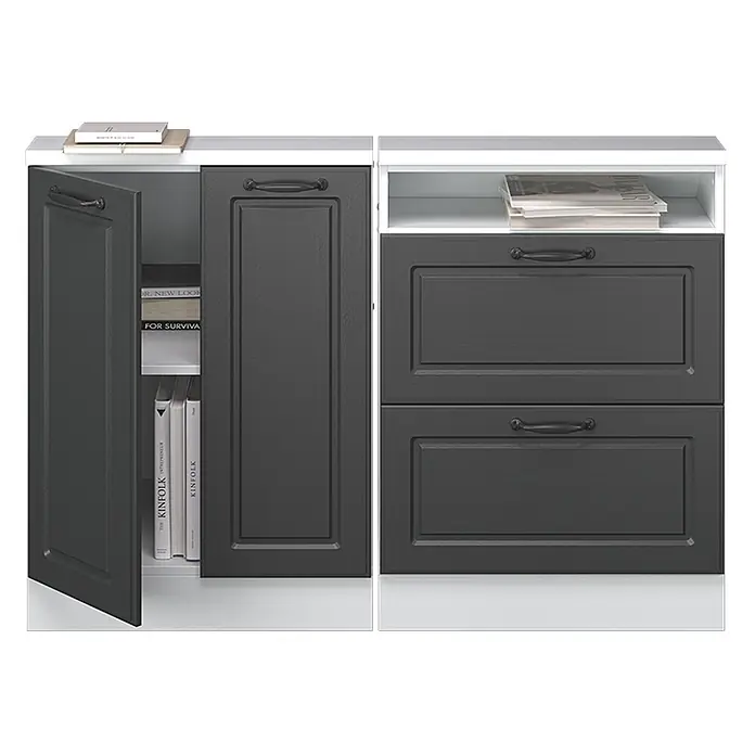 Vicco Küchenschrank für Dachschrägen R-Line, Anthrazit Landhaus, 120 cm -  - Dunkelgraues modulares Aufbewahrungsmöbel mit weißer Oberseite. Der linke Teil hat Türen mit Büchern, der rechte eine offene Ablage und zwei Schubladen.