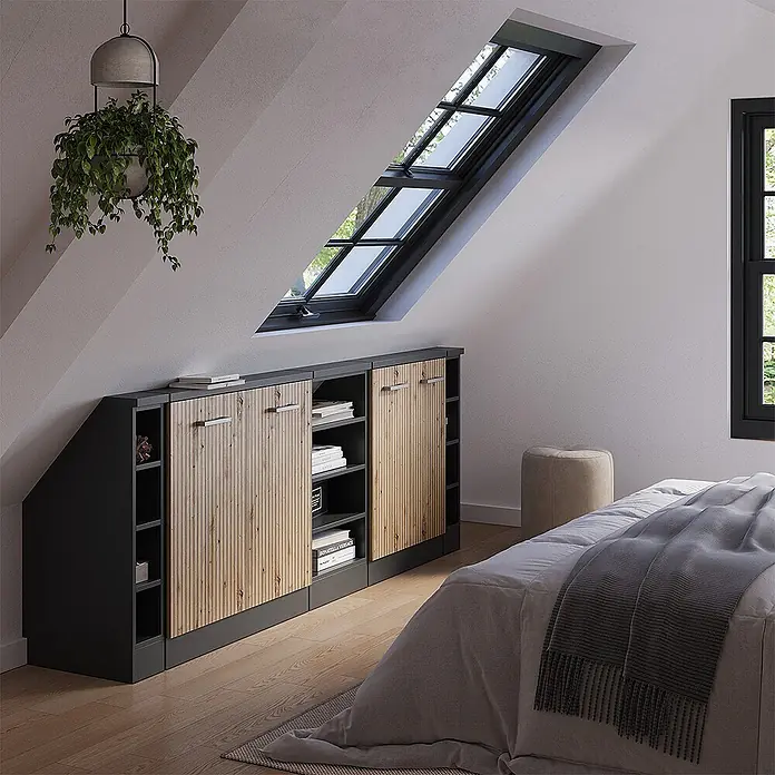 Vicco Schrankküche R-Line Artisan-Eiche 5er Set - Artisan-Eiche, Dachschrägenzeile 210cm - Maßgefertigtes dunkelgraues und helles Holzschrank mit offenen Regalen und geschlossenen Schränken für Dachschrägen im Dachzimmer.