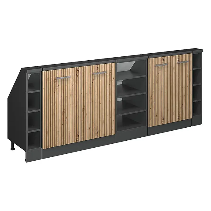 Vicco Schrankküche R-Line Artisan-Eiche 5er Set - Artisan-Eiche, Dachschrägenzeile 210cm - Langer dunkelgrauer Schrank mit Holzlamellentüren und offenen Regalen. Mit abgeschrägtem linken Ende und verstellbaren Füßen für vielseitige Aufbewahrung.