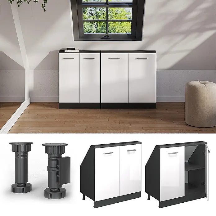 Vicco Schrankküche R-Line Weiß Hochglanz mit 2 Türen - Weiß Hochglanz, Dachschrägenschrank 80cm - Zwei weiß-schwarze Lagerschränke mit Metallgriffen, verstellbaren Füßen und Einlegeböden für vielseitige Aufbewahrung.