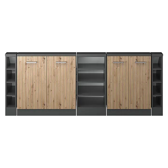 Vicco Schrankküche R-Line Artisan-Eiche 5er Set - Artisan-Eiche, Dachschrägenzeile 210cm - Modulares Stauraumsystem mit hellen Holzlamellen-Schranktüren und dunkelgrauen offenen Regalen. Bietet vielseitige Aufbewahrung.