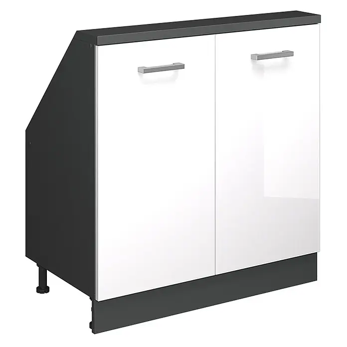 Vicco Schrankküche R-Line Weiß Hochglanz mit 2 Türen - Weiß Hochglanz, Dachschrägenschrank 80cm - Zweitüriger Unterschrank mit dunkelgrauem Korpus und weißen Hochglanztüren, mit abgeschrägter Seite.