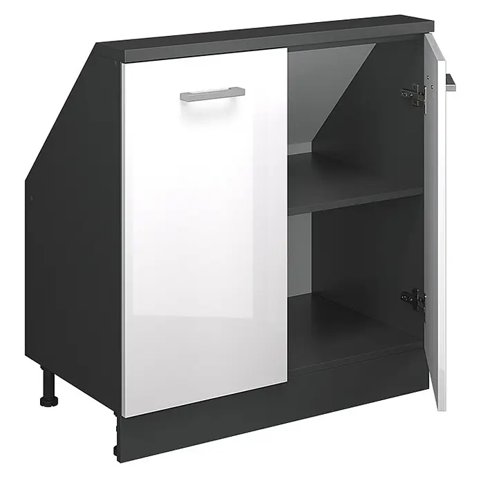 Vicco Schrankküche R-Line Weiß Hochglanz mit 2 Türen - Weiß Hochglanz, Dachschrägenschrank 80cm - Dunkelgrauer Eckunterschrank mit glänzend weißer Tür, geöffnet mit zwei Innenregalen und silbernem Griff.