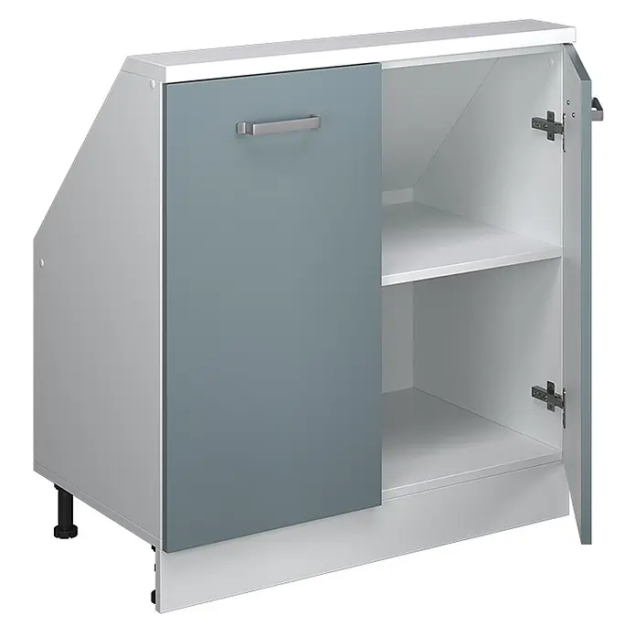 Vicco Schrankküche R-Line Blau-Grau mit 2 Türen - Blau-Grau, Dachschrägenschrank 80cm - Grau-blaues und weißes Unterschrank mit schräger linker Seite und zwei Einlegeböden, ideal für Dachschrägen.