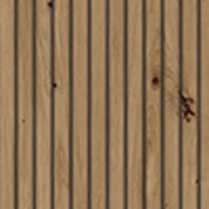 Singleküche R-Line 140 cm Artisan-Eiche Art.-Nr. 48951 -  - Vertikale Wandverkleidung aus Holzlatten in Naturholzoptik mit dunkleren Spuren.