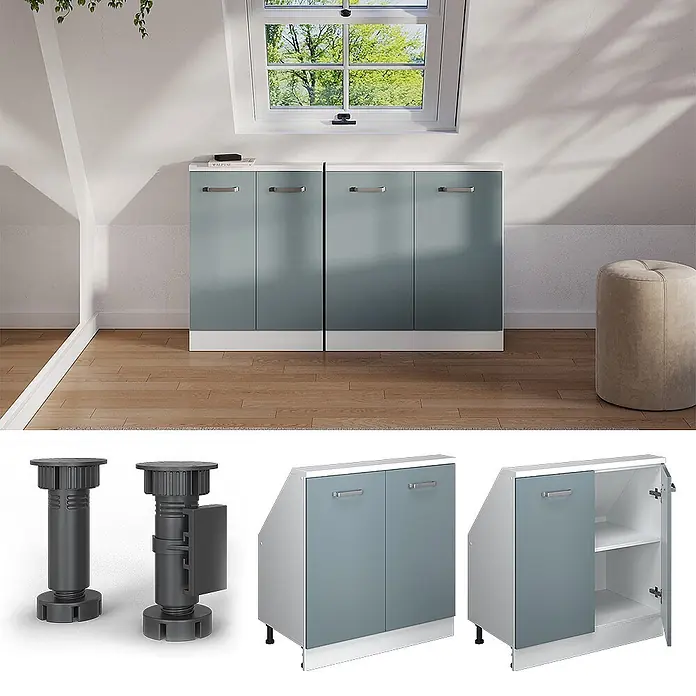 Vicco Schrankküche R-Line Blau-Grau mit 2 Türen - Blau-Grau, Dachschrägenschrank 80cm - Hellblauer Dachschrägen-Schrank mit weißem Rahmen, verstellbaren Füßen und Einlegeböden.