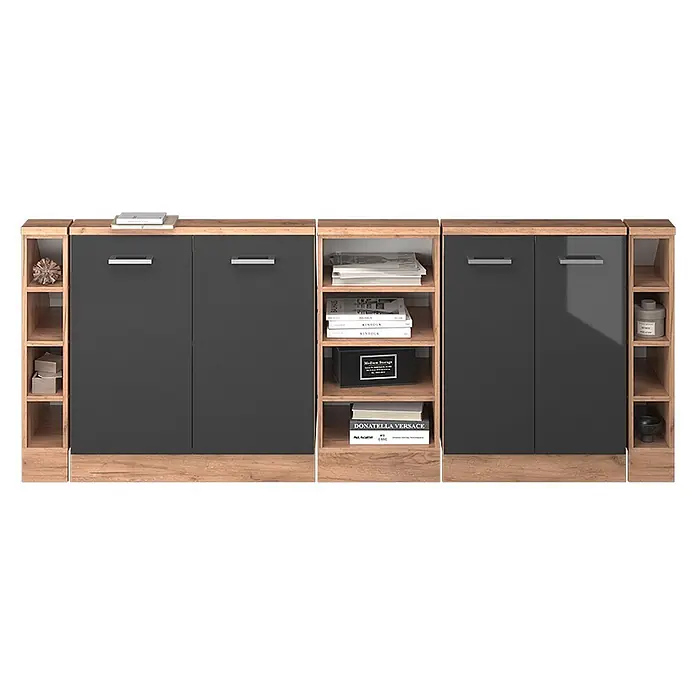 Vicco Schrankküche R-Line Anthrazit Hochglanz 5er Set - Anthrazit Hochglanz, Dachschrägenzeile 210cm - Modulares Stauraummöbel mit dunkelgrauen Schranktüren und hellen Holzregalen.
