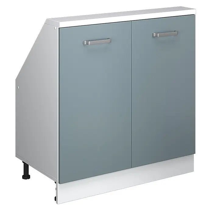 Vicco Schrankküche R-Line Blau-Grau mit 2 Türen - Blau-Grau, Dachschrägenschrank 80cm - Grau-blauer zweitüriger Schrank mit weißer Platte, silbernen Griffen und abgeschrägter linker Seite, ideal für Stauraum unter Treppen.
