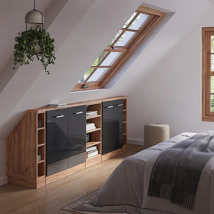 Vicco Schrankküche R-Line Anthrazit Hochglanz 5er Set - Anthrazit Hochglanz, Dachschrägenzeile 210cm - Glänzendes Dachbodenschranksystem in Holzoptik und Dunkelgrau, passend unter eine Dachschräge, mit offenen Fächern und Türen.