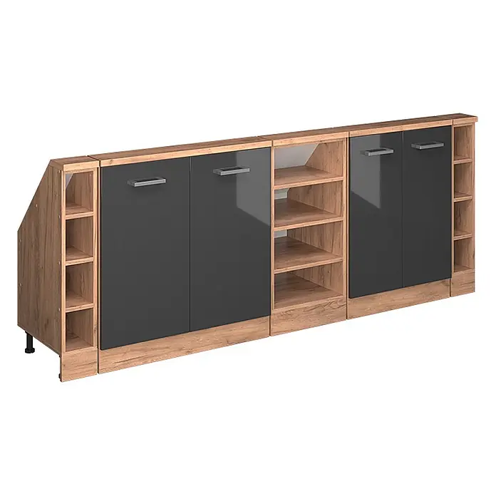 Vicco Schrankküche R-Line Anthrazit Hochglanz 5er Set - Anthrazit Hochglanz, Dachschrägenzeile 210cm - Modernes Sideboard in Holzoptik mit dunkelgrauen Türen und offenen Regalfächern.