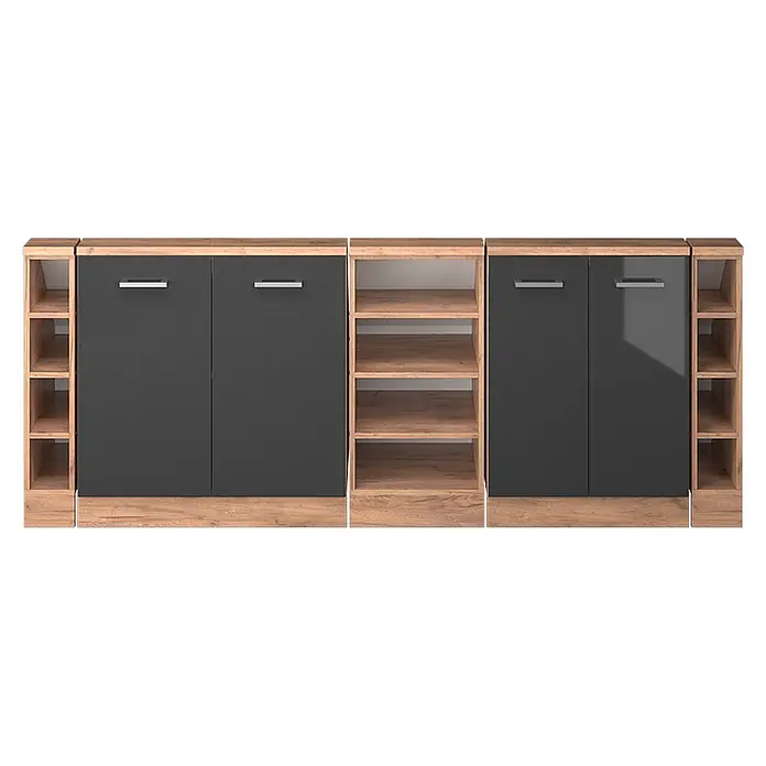 Vicco Schrankküche R-Line Anthrazit Hochglanz 5er Set - Anthrazit Hochglanz, Dachschrägenzeile 210cm - Modernes Sideboard mit dunkelgrauen Türen und heller Holzoptik, mit offenen Fächern und geschlossenen Schränken.