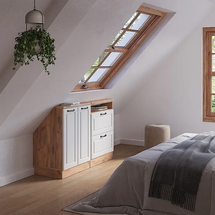Vicco Schrankküche R-Line Weiß Landhaus 2er Set - Weiß Landhaus, Dachschrägenzeile 120cm - Maßgefertigter Dachschrägen-Schrank in Weiß und hellem Holz mit Türen und Schubladen für Schlafzimmer.