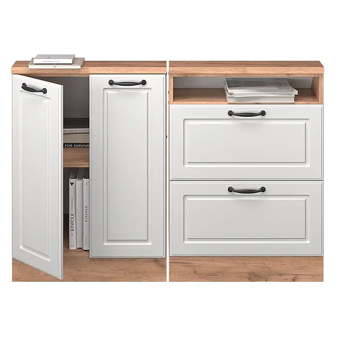 Vicco Schrankküche R-Line Weiß Landhaus 2er Set - Weiß Landhaus, Dachschrägenzeile 120cm - Weißes zweiteiliges Aufbewahrungsmöbel mit Holzplatten und schwarzen Griffen. Links: Schrank mit offener Tür, Bücher sichtbar. Rechts: Schubladen und offenes Regal.